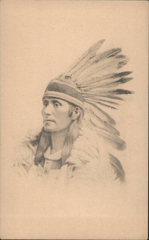 Native American Man in Feathered Headdress Profile Portrait