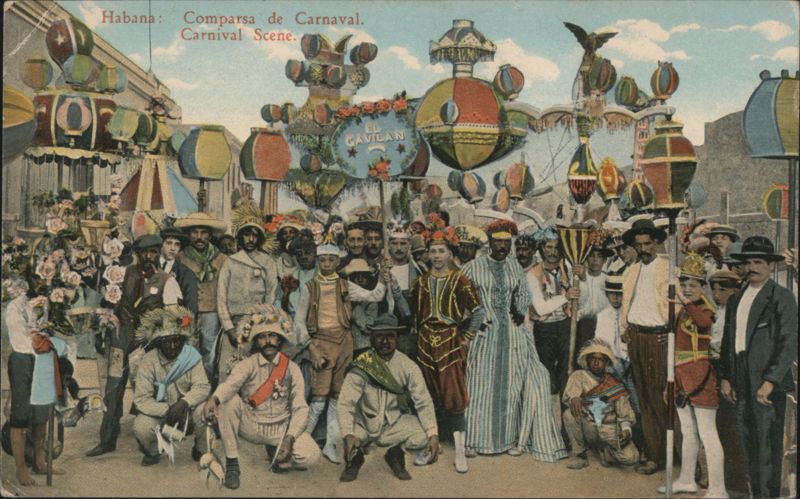 Havana Carnival Scene with Comparsa and Floats, Panama Hats Ad Cuba