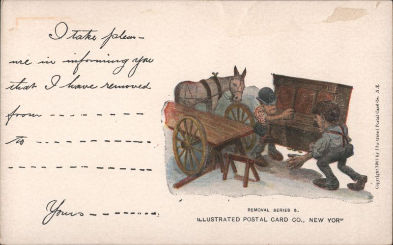 Humorous Moving Day Illustration with Men, Chest, and Donkey Cart