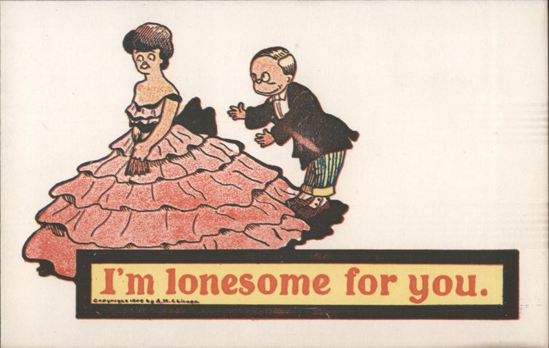Man Reaching for Woman in Ruffled Dress, 'I'm lonesome for you'