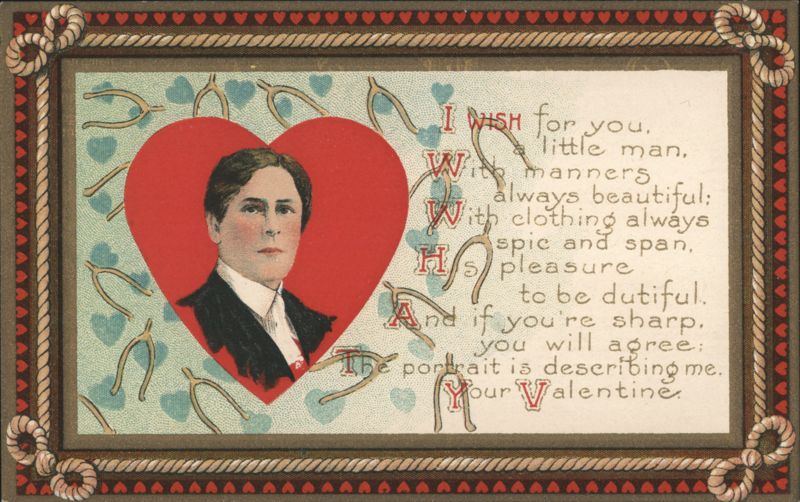 Man's Portrait in Red Heart with Valentine's Day Poem and Wishbones