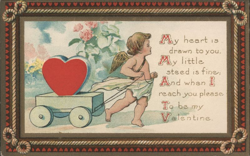Cupid pulling heart cart, 'My heart is drawn to you' Valentine's Day