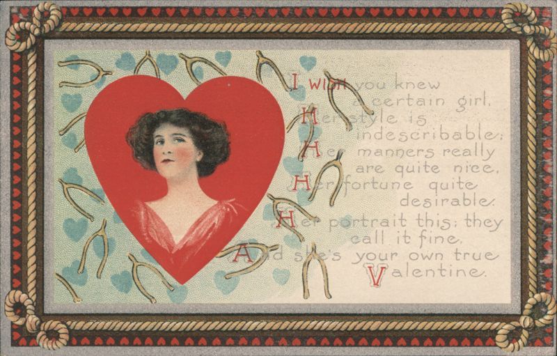 Woman's Portrait in Red Heart with Wishbones, True Valentine Poem