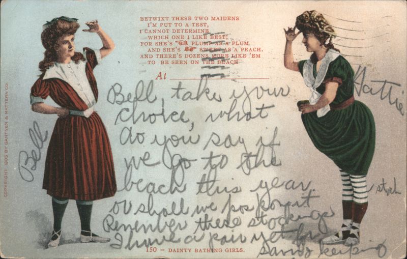 Dainty Bathing Girls with Humorous Poem, Striped Stockings
