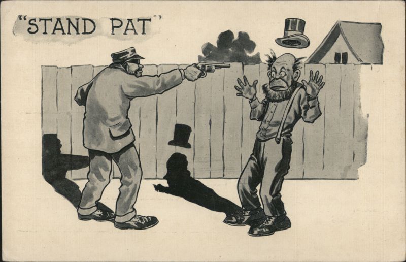 STAND PAT Cartoon with Man Holding Gun on Another Man