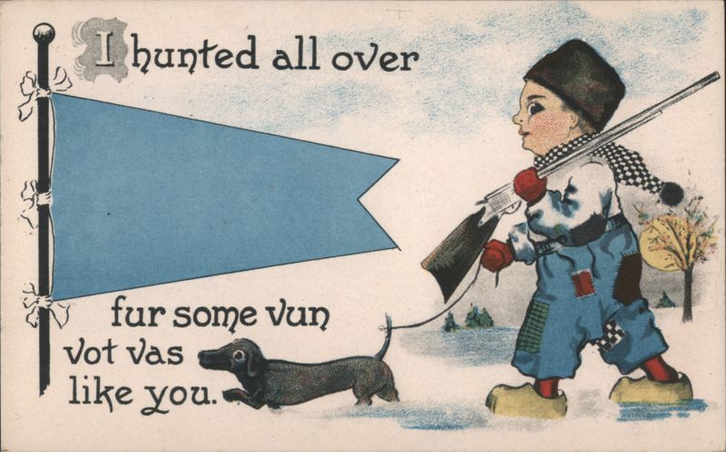 Comic Boy Hunter with Dachshund Dog and 'I hunted all over' Greeting