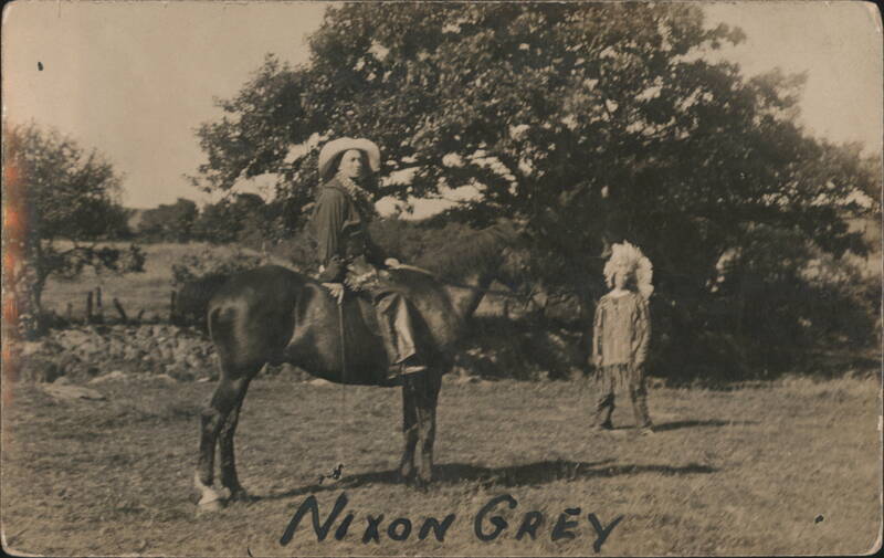 Man on Horse with Child in Native American Headdress, Nixon Grey