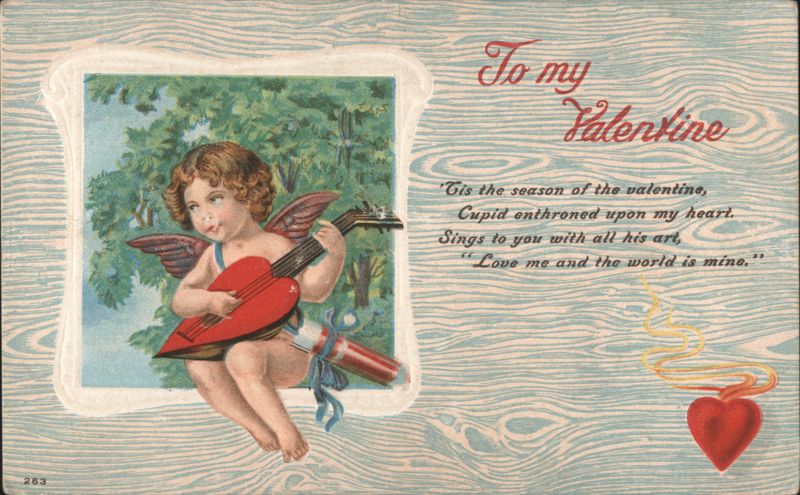 Cupid Playing Heart Guitar with Valentine Poem
