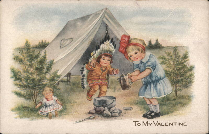 Children Playing Camp with Tent, One in Native American Costume, To My Valentine