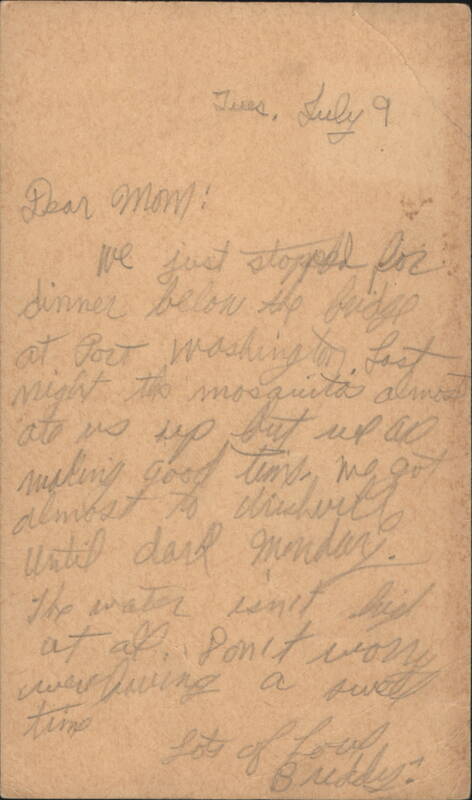 1935 Message from Port Washington mentioning mosquitos and travel Ohio