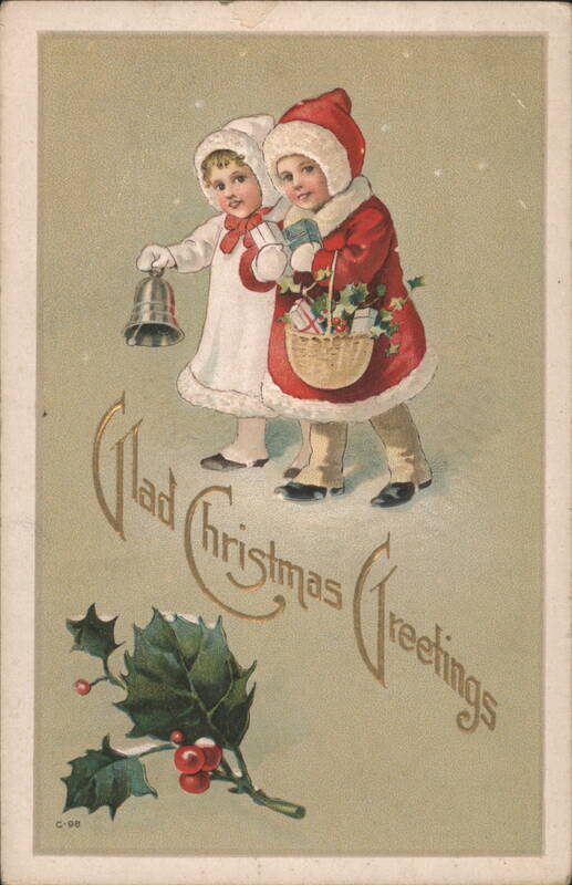 Children in Christmas Attire with Bell, Basket, and Holly, Glad Christmas Greetings