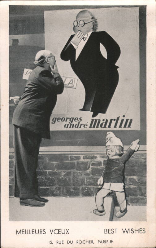 Georges André Martin Autographed Man and child viewing  advertising poster, Best Wishes Paris France