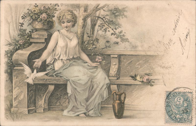 Woman in classical dress with dove and roses on stone bench