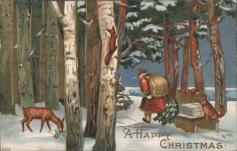 Santa-like Figure in Snowy Forest with Deer, Fox, and Gifts - A Happy Christmas