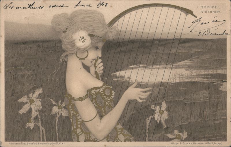 Greek Maiden Playing the Harp Raphael Kirchner