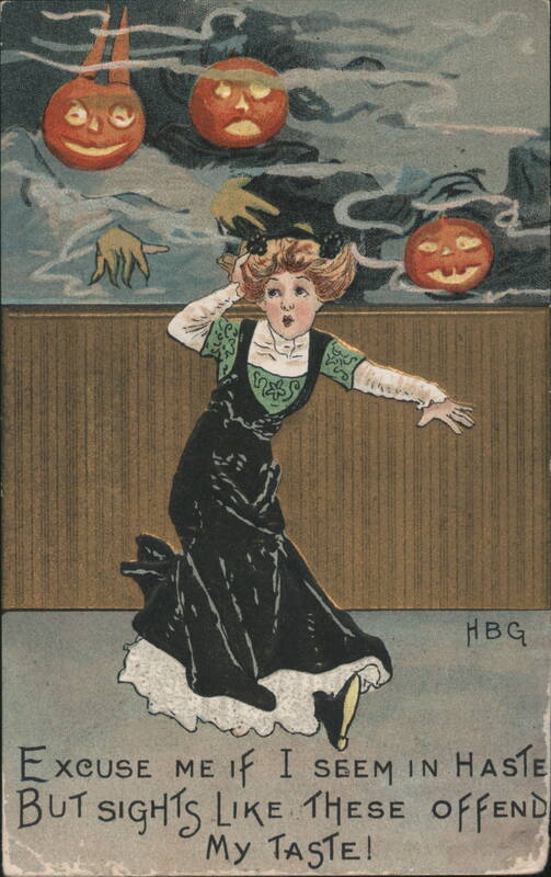 Scared Woman Running from Jack-o'-Lanterns and Ghostly Hands Halloween