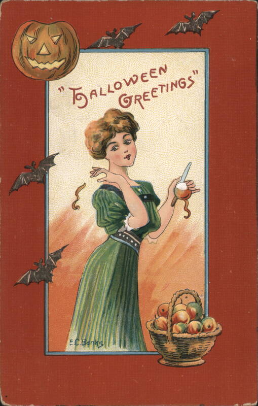 Halloween Greetings Woman with Jack-o'-Lantern and Bats