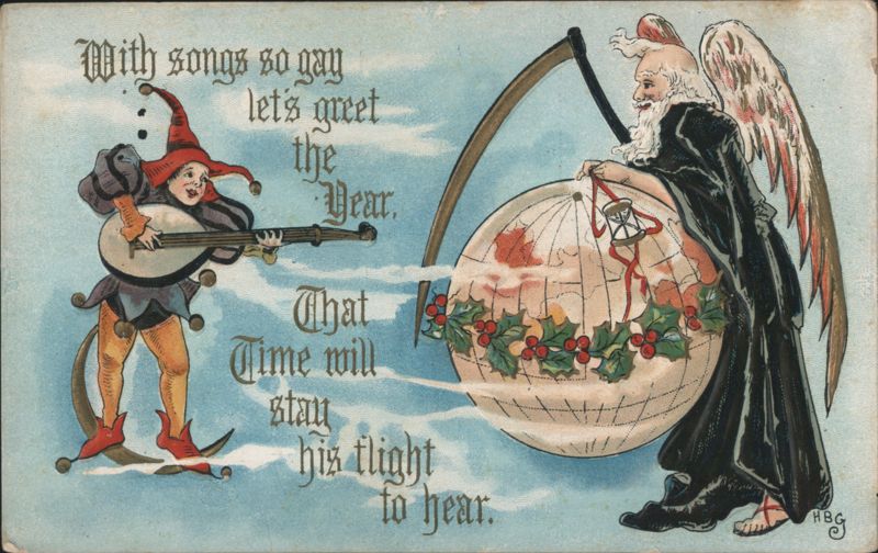New Year Greeting: Father Time with Globe and Jester Playing Music
