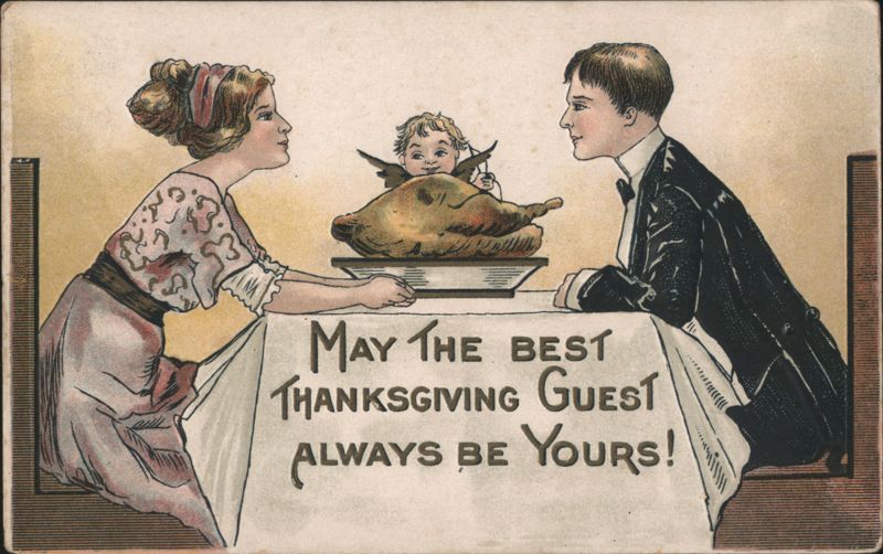 Thanksgiving Couple with Turkey and Cherub, Holiday Greeting