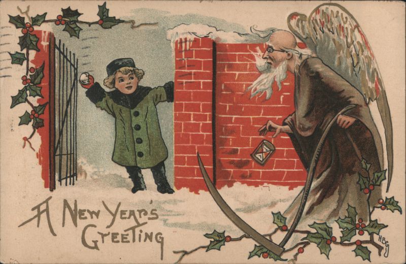 New Year's Greeting: Child Snowballing Father Time with Scythe and Hourglass