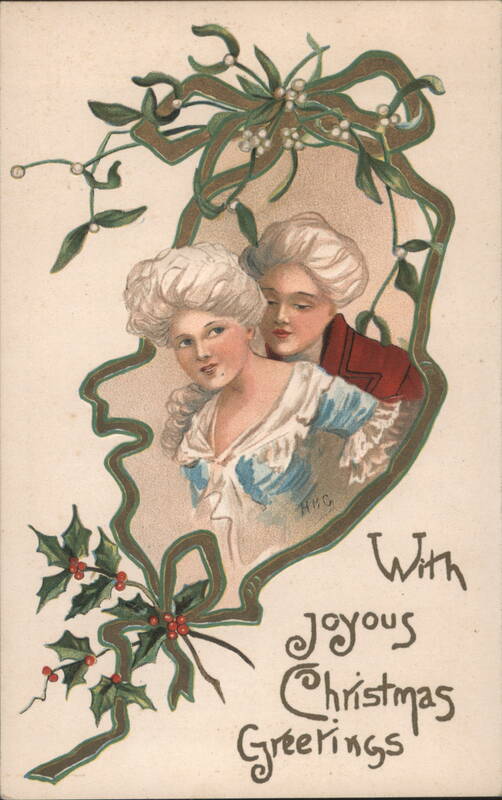 Christmas Greetings with Couple Under Mistletoe, Holly Border