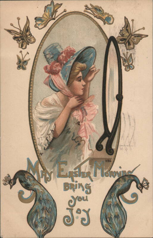 Woman in Blue Hat Looking in Mirror, Easter Morning Greeting with Peacocks