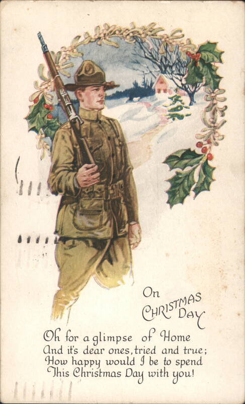 WWI Soldier Christmas Greeting, Winter Scene with Holly Border