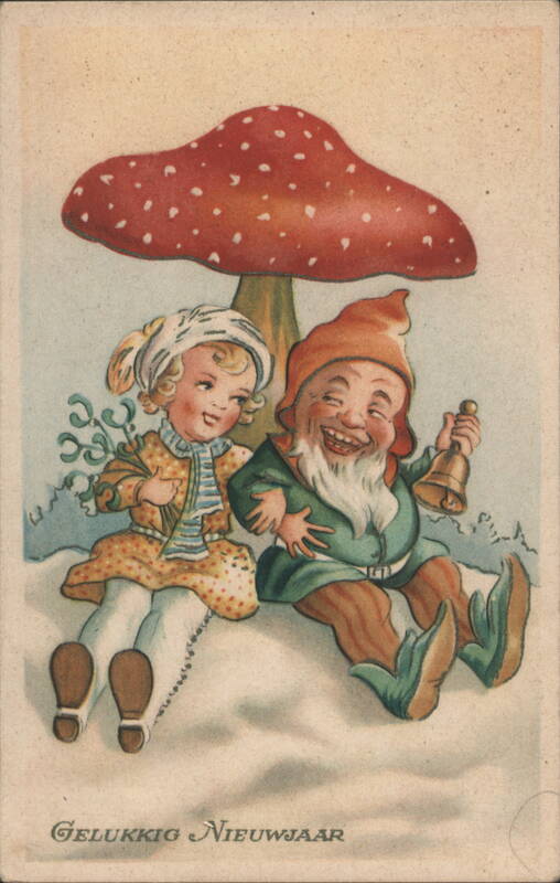 Happy New Year, Girl & Gnome under Mushroom with Mistletoe & Bell