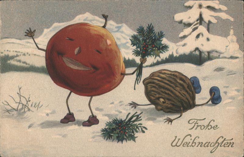 Christmas Greeting with Anthropomorphic Apple and Walnut in Snow