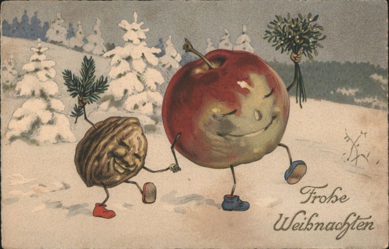Dancing Apple and Walnut in Snow, Frohe Weihnachten