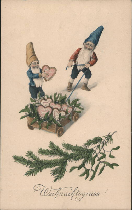 Gnomes with Heart Cookies and Mistletoe, Weihnachtsgruss!