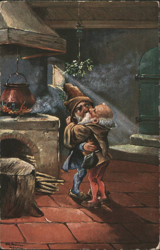 Gnomes Kissing Under Mistletoe in Rustic Kitchen Fantasy