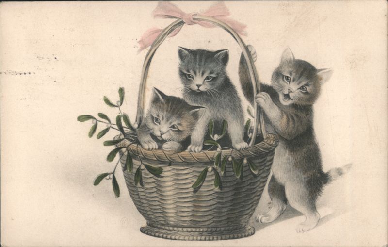 Three Kittens in Wicker Basket with Pink Bow and Mistletoe
