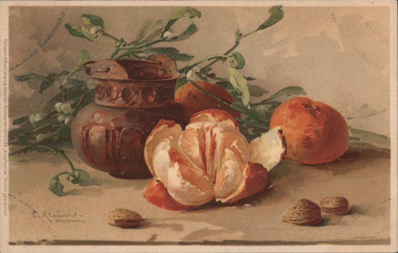 Still Life with Oranges, Ceramic Pot, and Mistletoe by C. Klein