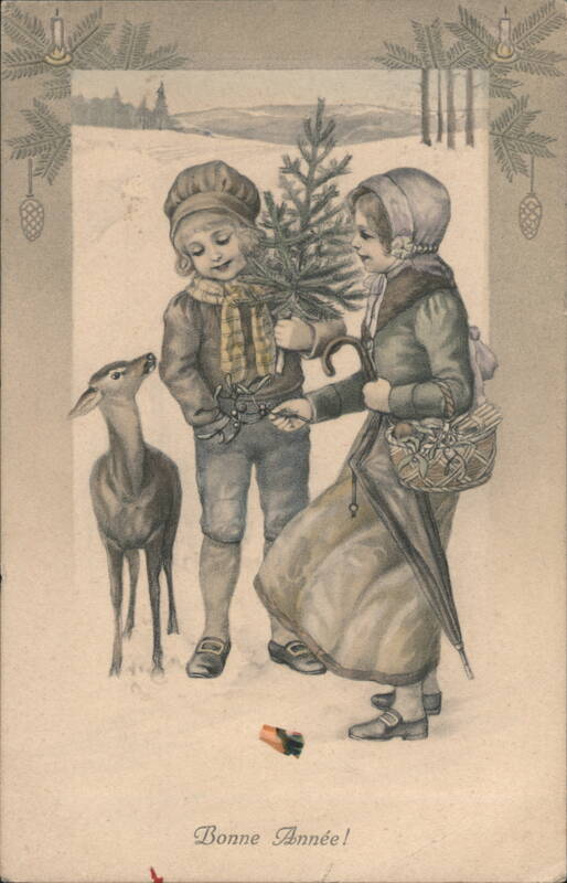 Children with Deer & Christmas Tree, Bonne Année! New Year's Greeting