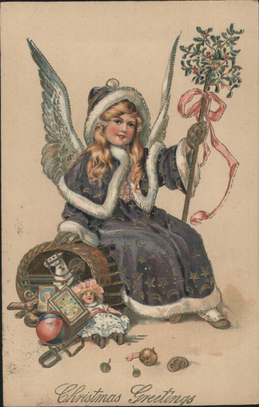 Angel Girl in Winter Coat with Mistletoe Staff & Toys, Christmas