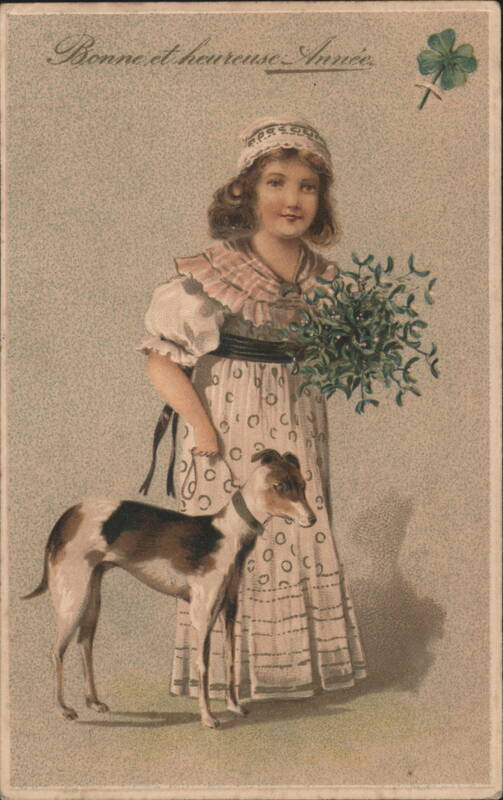 Girl with Greyhound Dog and Mistletoe, Happy New Year Greeting