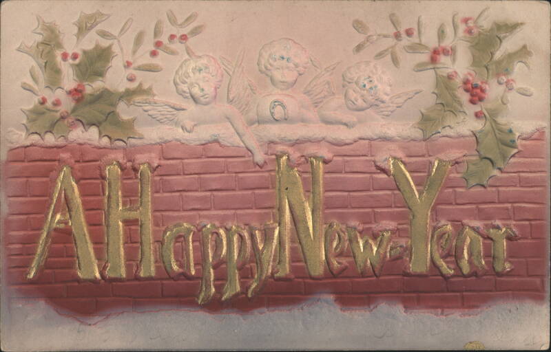 A Happy New Year Greeting with Angels, Holly, and Mistletoe