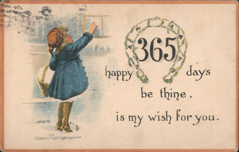 Child with basket points to window, New Year's greeting '365 happy days'
