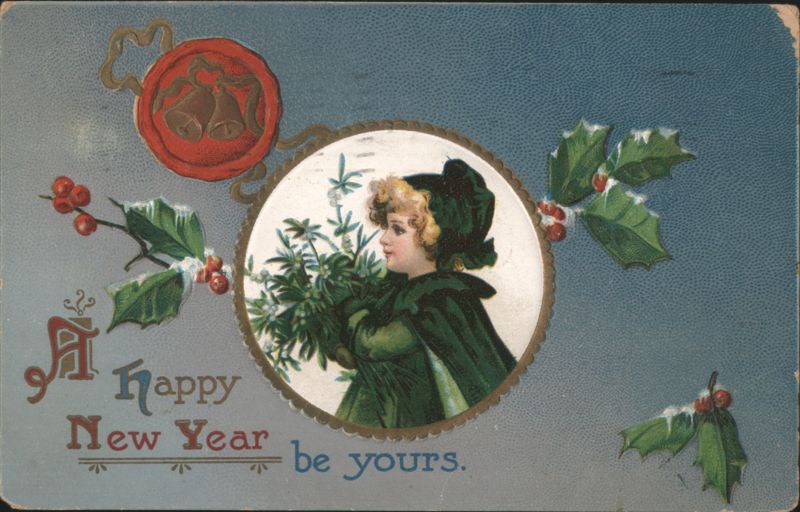 Woman in Green Cloak with Holly, Happy New Year Greeting