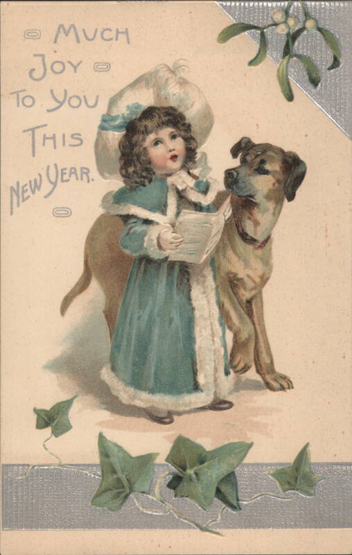 New Year's Greeting with Girl, Dog, Mistletoe & Ivy