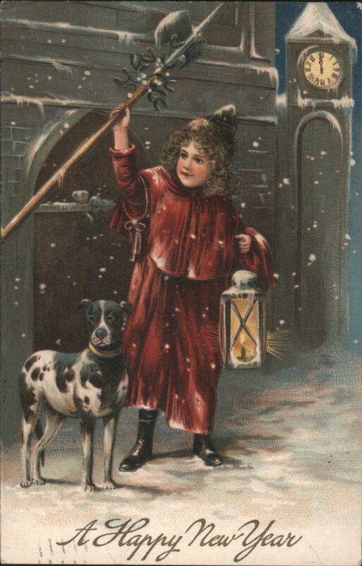 Child with dog, lantern, and mistletoe in snowy New Year scene
