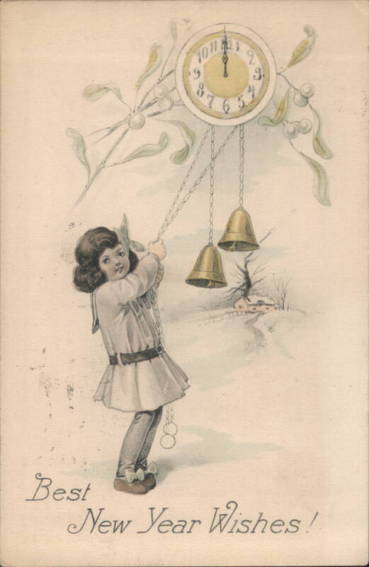 Girl Ringing Bells for New Year's Eve with Clock and Mistletoe