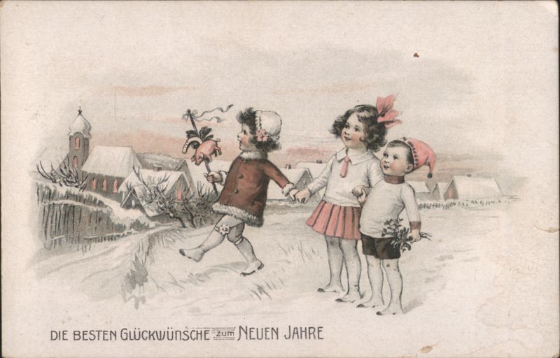 Children in Snow with New Year's Greetings, Village Background
