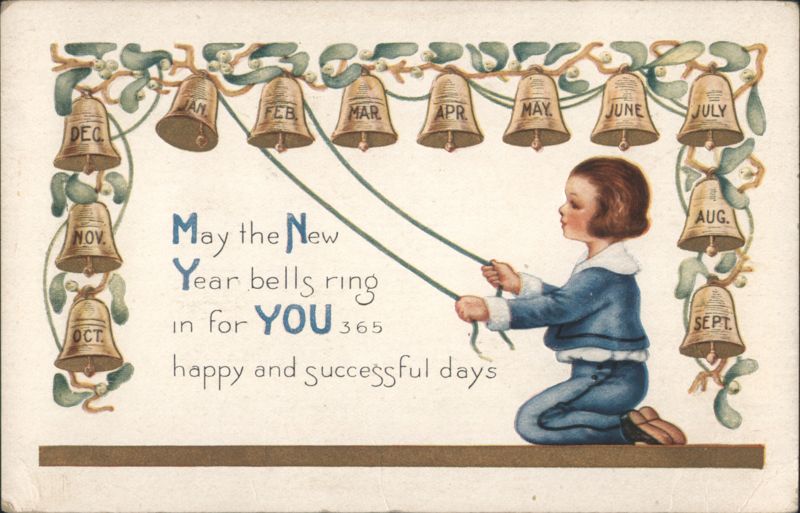 New Year's Greeting with Child Ringing Bells Labeled with Months