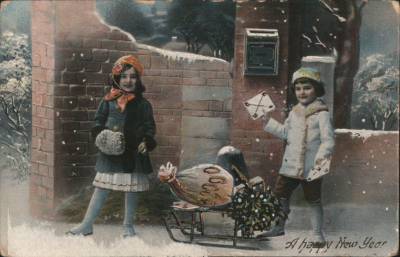 Girls Delivering New Year's Letter on Sled in Snow