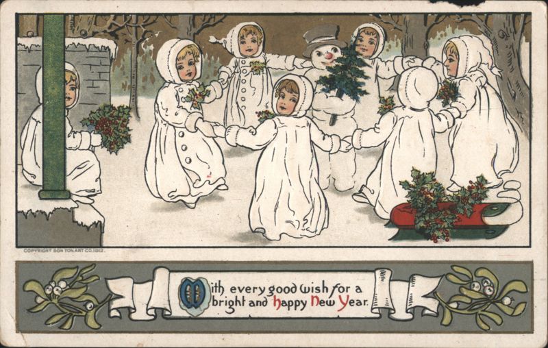 Children in White Robes Dancing Around Snowman & Christmas Tree, New Year