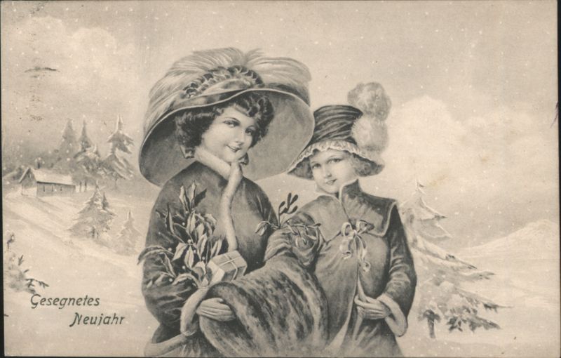 New Year's Greeting with Two Women in Winter Hats and Snow