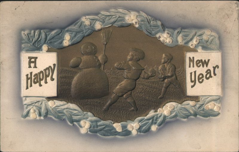 A Happy New Year Embossed Snowman, Boys Snowball Fight