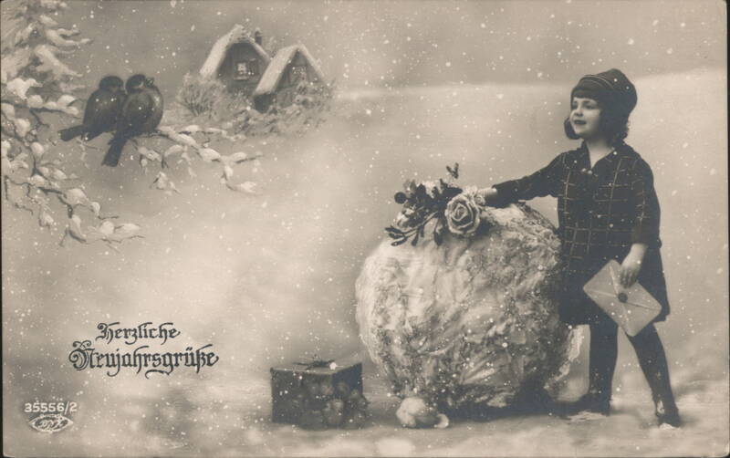 Girl with Large Snowball & Birds, Herzliche Neujahrsgrüße